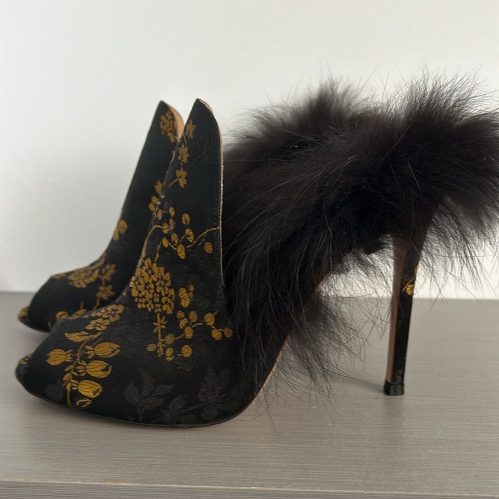 Gianvito Rossi Black and Gold Floral Heels